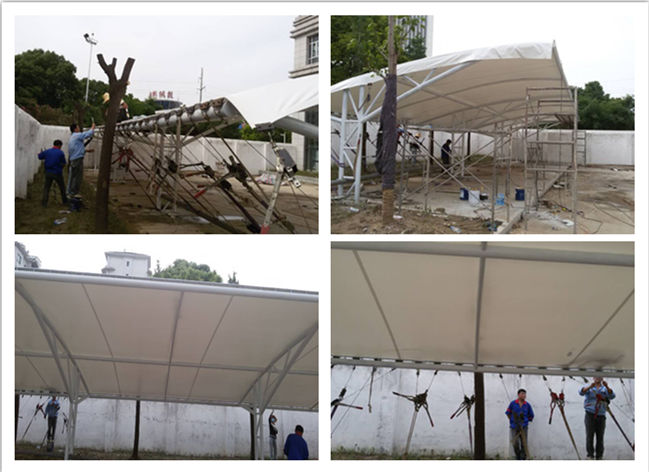 仙桃農(nóng)商行T型圓管膜結(jié)構(gòu)自行車棚拉膜現(xiàn)場施工圖