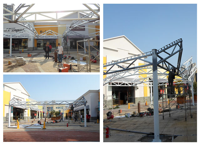 百聯(lián)奧特萊斯促銷臺景觀膜結(jié)構(gòu)鋼結(jié)構(gòu)現(xiàn)場施工圖