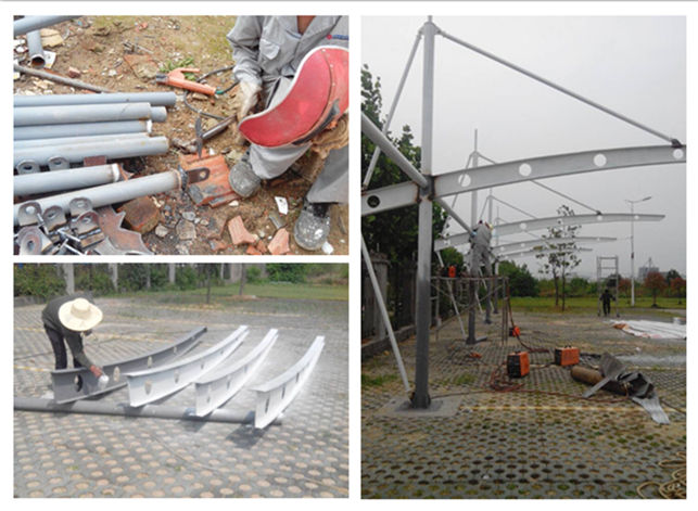 漢川吊塔式異形鋼膜結(jié)構(gòu)停車棚鋼結(jié)構(gòu)現(xiàn)場施工圖