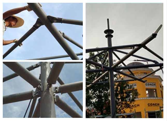 百年奧特萊斯冒頂六邊休閑景觀傘膜結構鋼結構現(xiàn)場施工圖