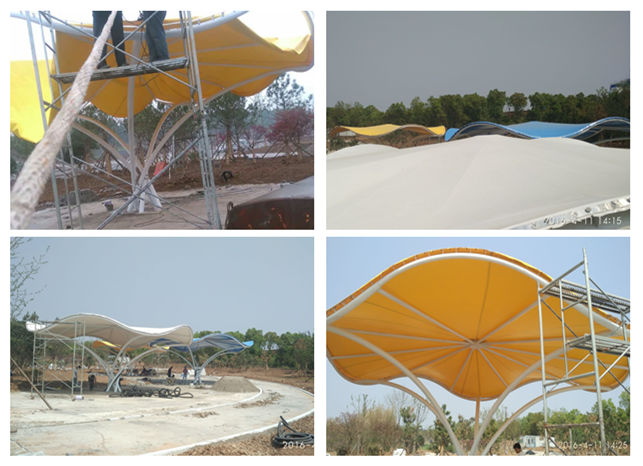 千佛洞植物園景觀膜結(jié)構(gòu)現(xiàn)場(chǎng)拉膜施工圖