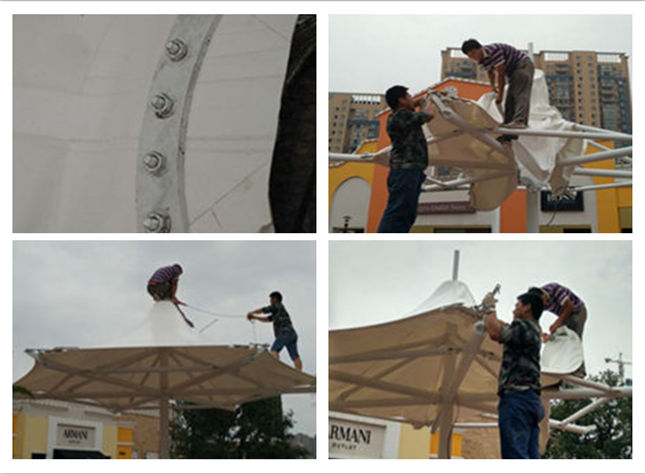 百年奧特萊斯冒頂六邊休閑景觀傘膜結構拉膜現(xiàn)場施工圖