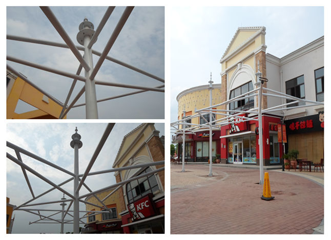 百聯(lián)奧特萊斯三連帽休閑景觀遮陽傘鋼結(jié)構(gòu)現(xiàn)場施工圖