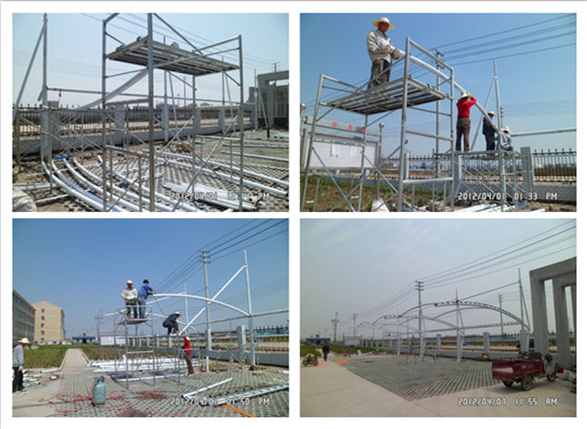 美味源公司吊塔式圓管膜結(jié)構(gòu)汽車車棚鋼結(jié)構(gòu)現(xiàn)場(chǎng)施工圖