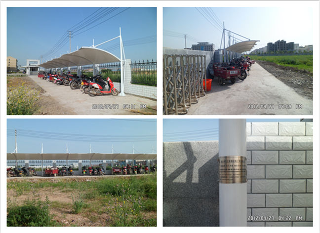 美味源公司吊塔式圓管自行車車棚現(xiàn)場(chǎng)成品圖