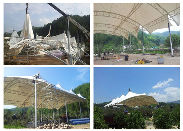 江西南昌風(fēng)景區(qū)網(wǎng)球場(chǎng)頂棚膜結(jié)構(gòu)拉膜現(xiàn)場(chǎng)施工照片