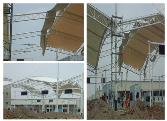 湖南衡陽工業(yè)園大門門頭膜結(jié)構(gòu)鋼結(jié)構(gòu)現(xiàn)場施工圖