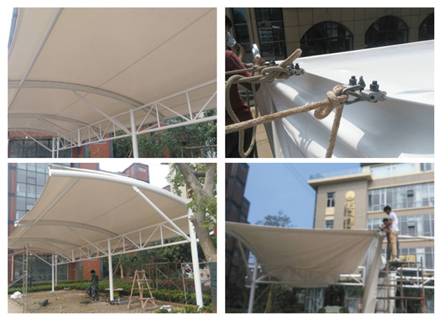 卓爾T型圓管膜結(jié)構(gòu)車棚拉膜現(xiàn)場施工圖