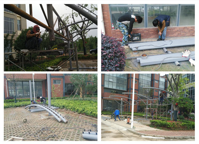 卓爾T型圓管膜結(jié)構(gòu)車棚鋼結(jié)構(gòu)現(xiàn)場施工圖