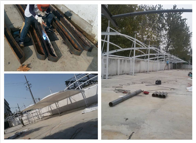 新溝吊塔式異形鋼膜結(jié)構(gòu)停車棚鋼結(jié)構(gòu)現(xiàn)場(chǎng)施工圖