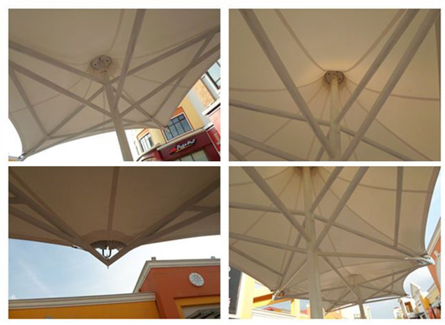 百聯(lián)奧特萊斯三連帽休閑景觀遮陽傘拉膜現(xiàn)場施工圖
