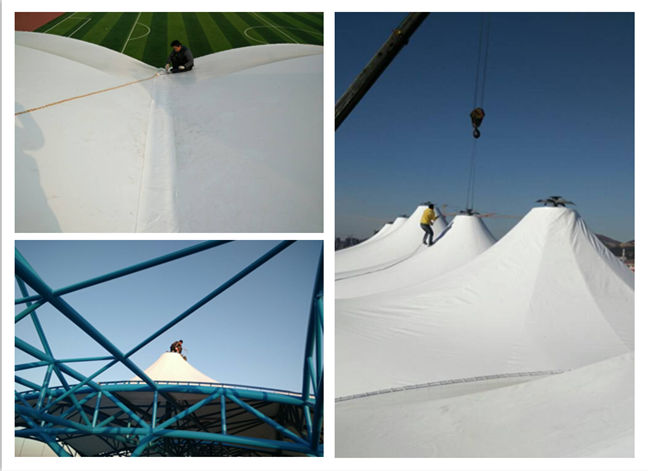 遼寧財(cái)貿(mào)學(xué)院體育看臺(tái)膜結(jié)構(gòu)拉膜現(xiàn)場施工照片